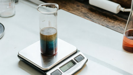 A glass beaker filled with a colorful liquid sits beside a precise digital scale highlighting the meticulous measurement process in a home lab environment..の素材