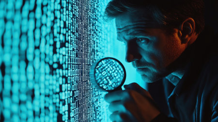 An image detailing a bright illuminated laptop screen filled with cryptic binary code overlays as a forensic investigator leans closer using a magnifying glass to uncover hidden digitaの素材