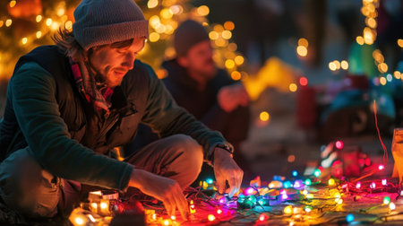 A gaffer meticulously arranging colorful lights around a scene with blurred crew members in the background discussing shot angles illustrating the meticulous attention to detail iの素材