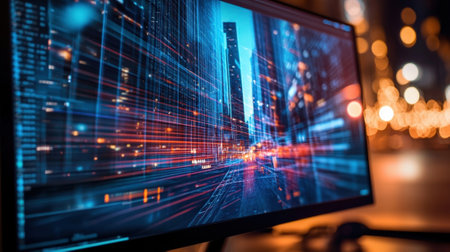 Dynamic cityscape reflections on computer screen displayの素材