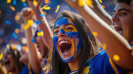 A closeup of fans captured midcheer faces painted and hands raised in exhilaration with colorful confetti falling around them. The energy in their expressions conveys the thrill oの素材