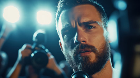 Famous actor giving interview during press conference at film festivalの素材