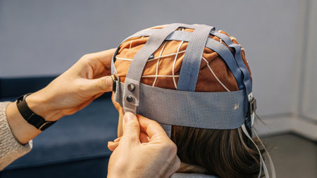 A closeup image of a user adjusting the fit of a DIY EEG cap made from breathable fabric showing the importance of comfort and functionality in wearable brain monitoring.の素材