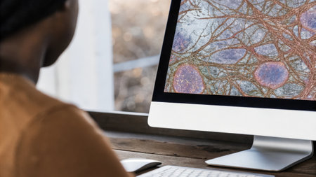 A microscopic view of healthy endothelial cells visualized on a computer screen depicting their vital role in maintaining vascular elasticity and overall cardiovascular health..の素材