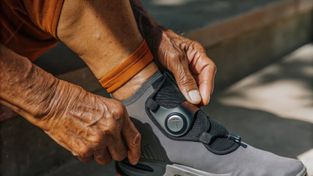 Closeup of a gnarled hand adjusting a smart ankle brace showcasing its flexible design and sensors meant to optimize movement and enhance stability during daily activities..の素材