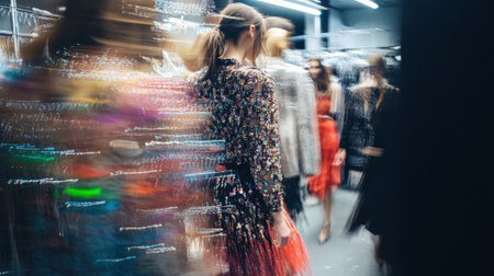 Fashion models walking on catwalk during fashion show rehearsal with motion blur effectの素材