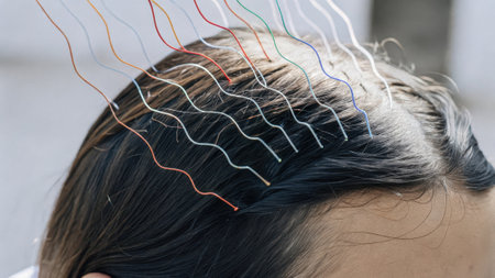A closeup of the scalp with a visual representation of neural activity as colorful waves and data points emanating from the surface suggesting an active thought process enhanced by.の素材