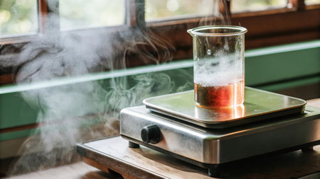 A closeup view of a portable hotplate with a beaker undergoing a gentle heating process steam rising as colored vapors mix visually highlighting the science of drug formulation..の素材