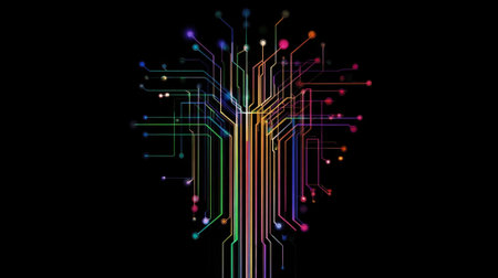 Colorful interconnected nodes representing data flowing in cyberspaceの素材
