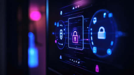 A medium closeup of a smart home hub displaying a user interface filled with alerts and notifications showcasing icons of connected devices secured by a digital lock symbol that emphasizeの素材