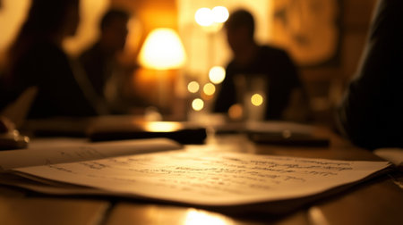 Film crew working on script late at night during production meetingの素材