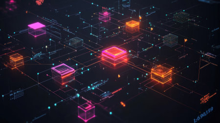 A comprehensive visualization of a hybrid network architecture integrating onpremises and cloud components. The diagram depicts various routers firewalls and switches connected by encrypteの素材