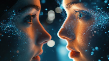 A closeup of two faces one showing stress and uncertainty peering into a fuzzy mirror labeled Deceptive Info while the other face bright and composed looks into a clear mirror labeleの素材