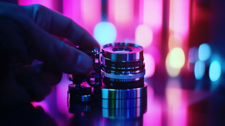 Videographer adjusting camera lens in neon lit studioの素材