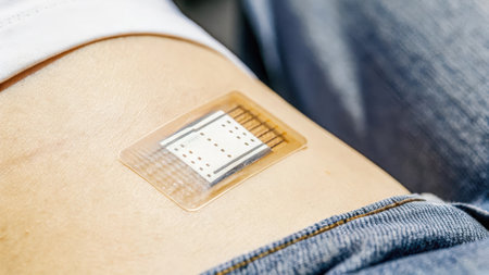 A closeup view of a dermal patch adhered to the skin embedded with microfluidic sensors that analyze sweat composition to track hydration and electrolyte levels. The patchs.の素材