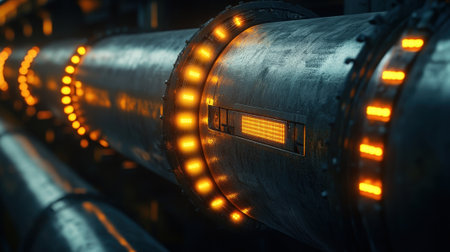 Futuristic pipes transferring energy with orange lights in industrial settingの素材