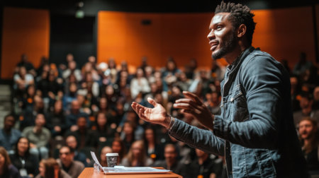An entrepreneurs hands gesture animatedly while presenting to a packed auditorium showcasing a prototype on a table. The captivated crowd faintly blurred behind them reflects the startuの素材