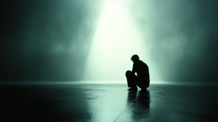 Lonely man crouching under spotlight in smoky room reflecting hope and despairの素材