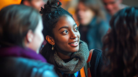 Young filmmaker smiling and networking during a film festivalの素材