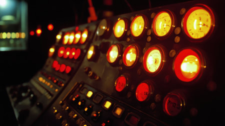 Closeup of a lighting board dials and switches illuminated against a backdrop of dim lights as the cinematographer carefully finetunes color gels to achieve a hauntingly atmospheriの素材