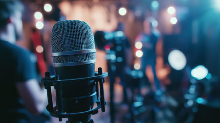 Professional microphone recording audio in a film set with blurred crew in backgroundの素材