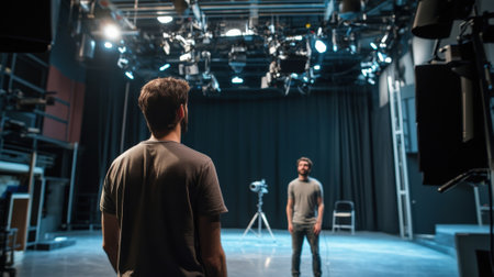 Film crew preparing lighting and camera on set for movie shootingの素材