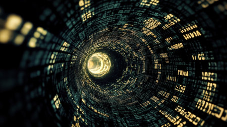 A dark tunnel of pulsating data streams emerges with fragmented binary codes tered across the surface. The interplay of light and shadow highlights the ethereal quality of encrypteの素材