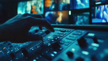 A closeup of a hand expertly pressing buttons on a sophisticated video switcher with an array of small monitors in the background showcasing different camera perspectives. Colorfuの素材
