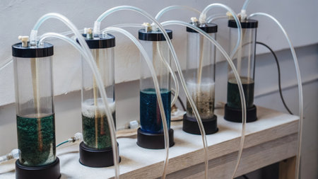 A collection of custommade bioreactors each made from transparent tubing and clear containers bubbling with a variety of cultured microbes in various shades of green and blue..の素材
