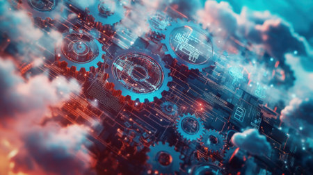 An artistic arrangement of gears and cogs alongside floating cloud platforms overlaid with a translucent overlay of compliance documents. This illustrates the intricate relationshiの素材