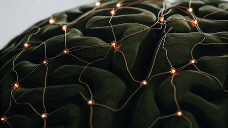 A detailed shot of the cerebral cortex with glowing synaptic connections showcasing realtime interaction as light patterns morph based on cognitive functions like memory and.の素材