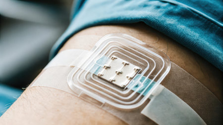 A closeup view of skin with a translucent patch over an embedded healthmonitoring implant demonstrating how the device interfaces seamlessly with the body..の素材