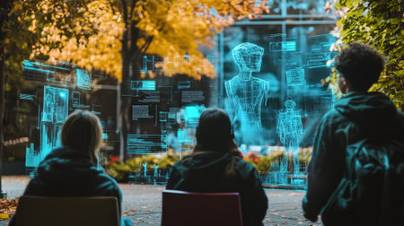 Students analyzing futuristic interface with 3d human models and data chartsの素材