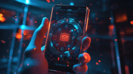 Hand holding smartphone showing email interface and futuristic graphic elementsの素材