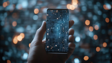 Hand holding smartphone showing printed circuit board and data flowing, cyber security conceptの素材
