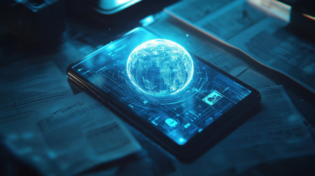 Futuristic hologram of planet earth displaying global network connectivity on mobile phoneの素材