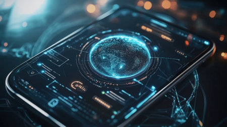 Futuristic smartphone displaying rotating hologram of planet earth for global communicationの素材