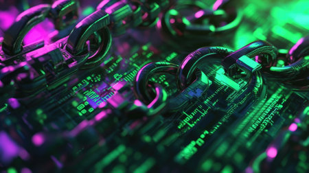 A closeup captures a kaleidoscope of digital locks and keys intertwined glowing in shades of green and purple. The background features a blurred network of data streams illustratinの素材