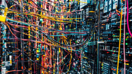 Complex server room wiring representing modern technology and cyber security challengesの素材