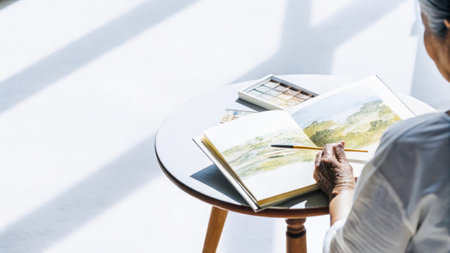 Elderly artist painting a scenic landscapeの素材