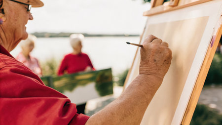 Senior man painting on canvas by the lake with brush and easelの素材