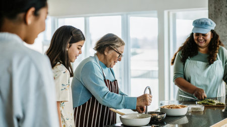 Multigenerational family cooking together in kitchenの素材