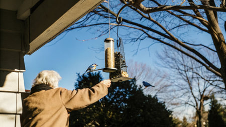 Feeding birds in a winter garden settingの素材