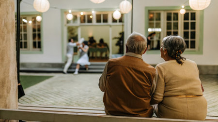 Elderly couple enjoying outdoor dance performanceの素材