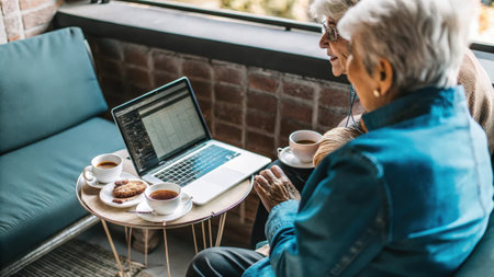 Seniors enjoying coffee and technology on balconyの素材