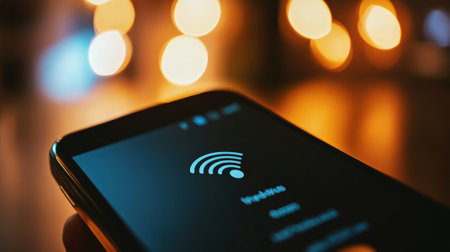 Smartphone showing wifi symbol and blurred background lights, searching available wireless networksの素材