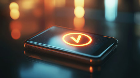 Smartphone showing check mark icon confirming transaction on blurry backgroundの素材