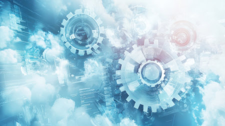 Gears rotating and processing data in the cloud, symbolizing cybersecurityの素材