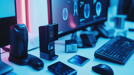 Cyber security desk displaying futuristic equipment protecting sensitive dataの素材