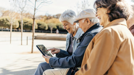 Group of senior friends using tablet and enjoying time together outdoorsの素材